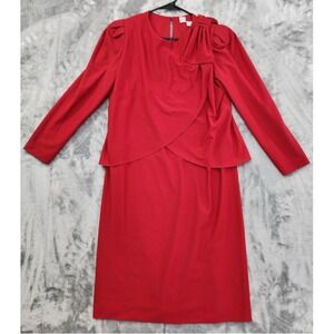 Vintage 80s Lady Carol Dress Womens M Red Long Sleeve Bow Shoulder Chiffon Shift